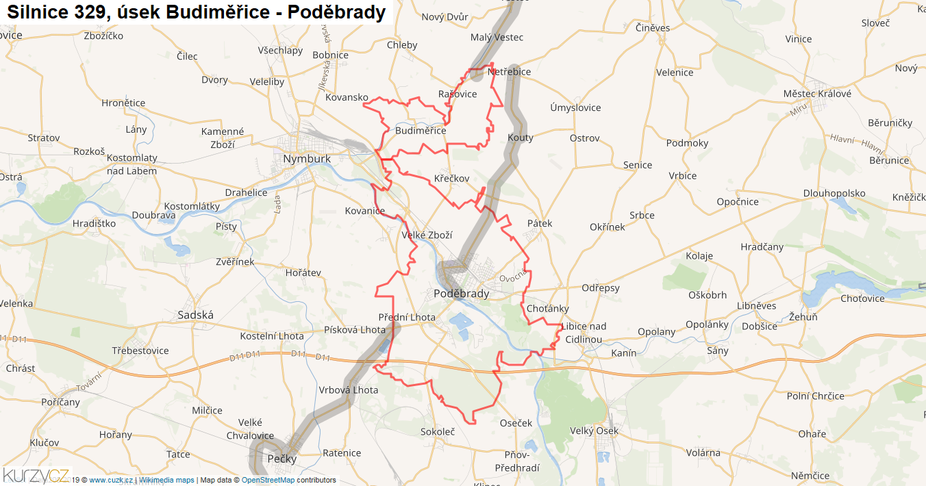 Úsek Budiměřice - Poděbrady, Silnice 329 - Mapa