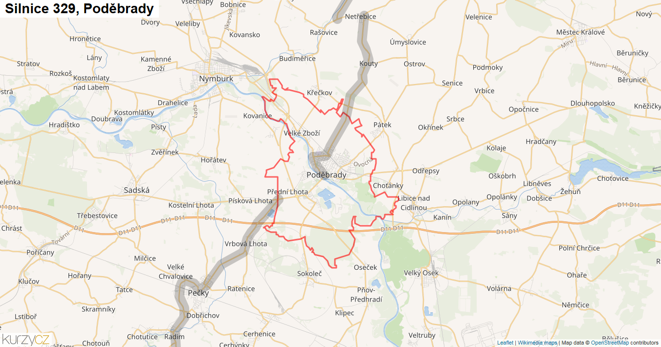 Poděbrady, Silnice 329 - Mapa