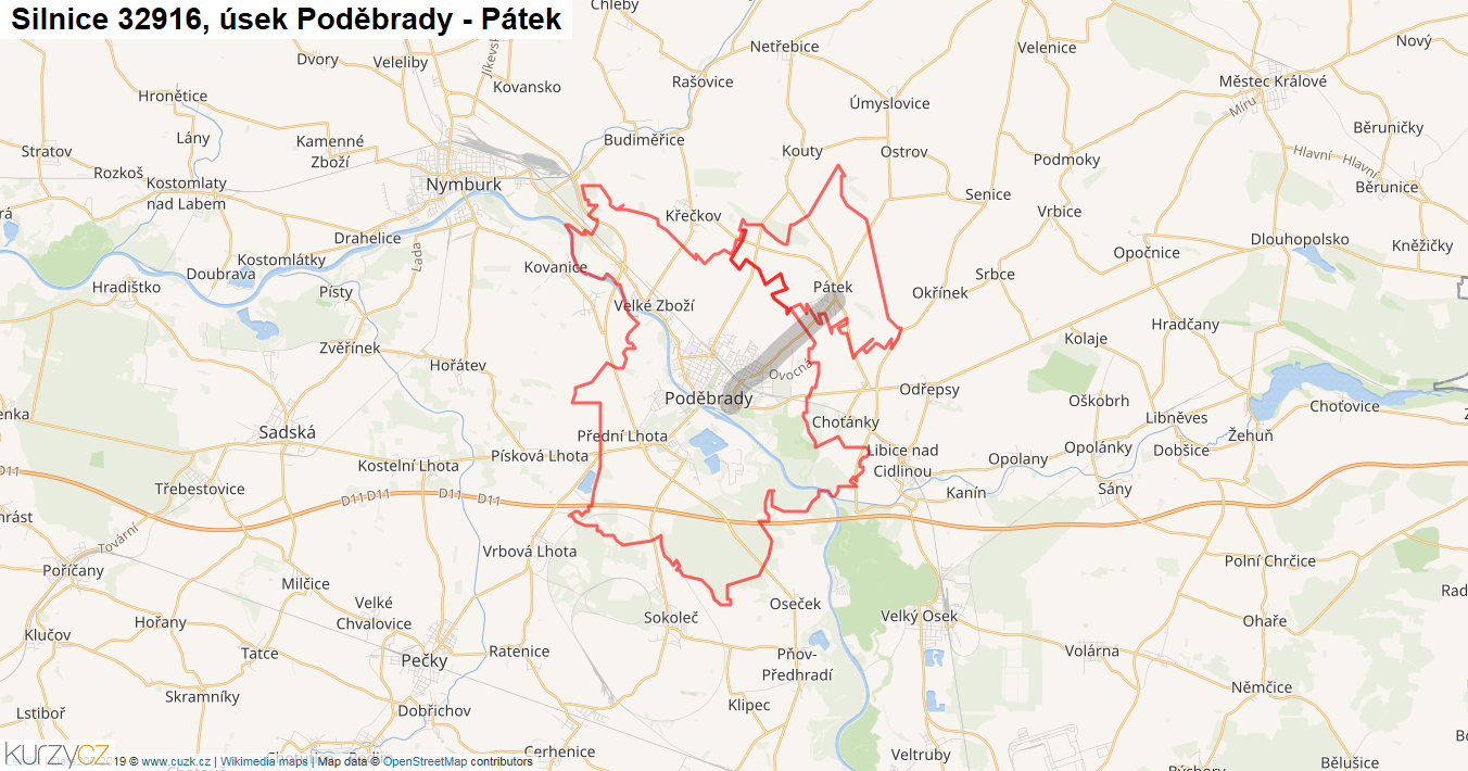Úsek Poděbrady - Pátek, Silnice 32916 - Mapa