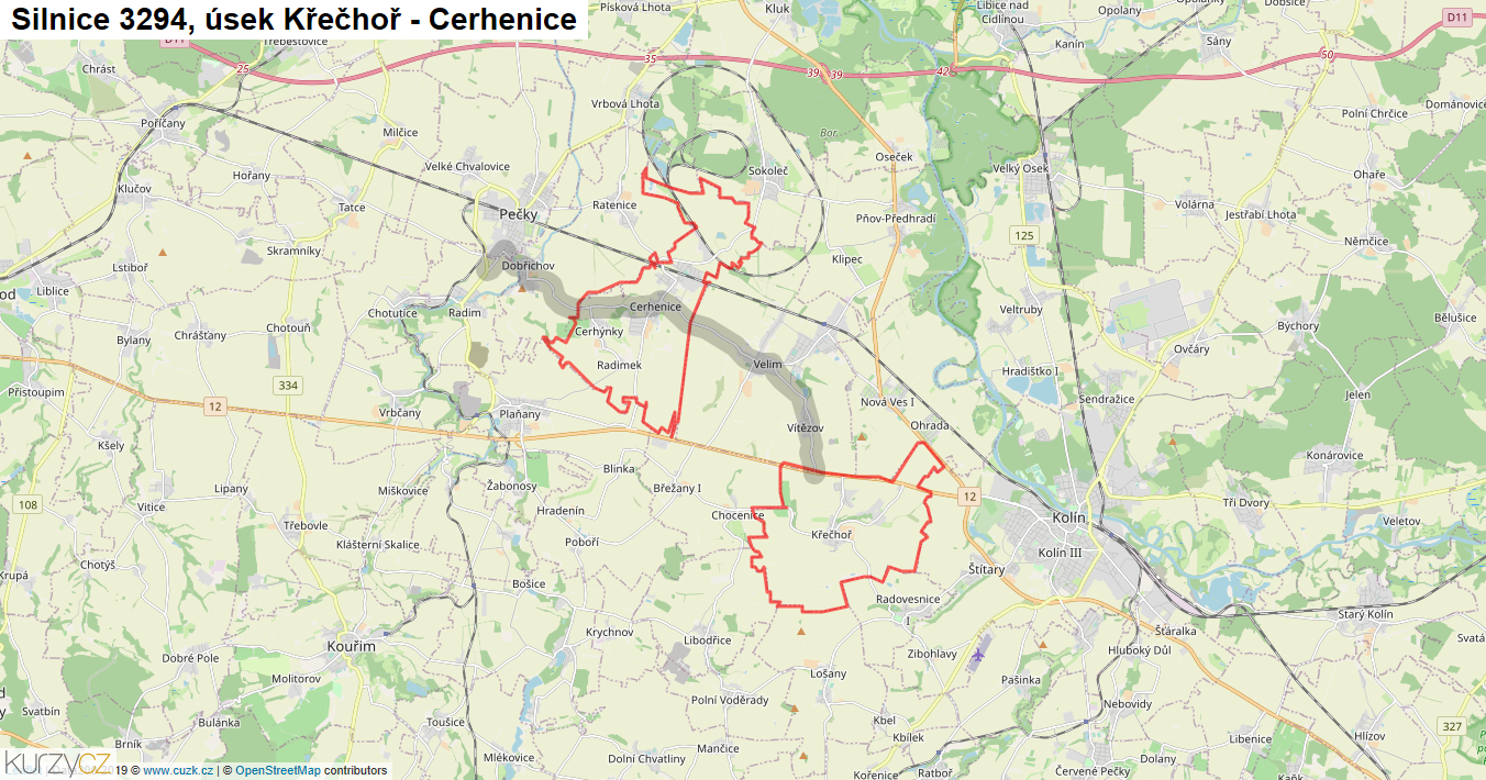 Úsek Křečhoř - Cerhenice, Silnice 3294 - Mapa
