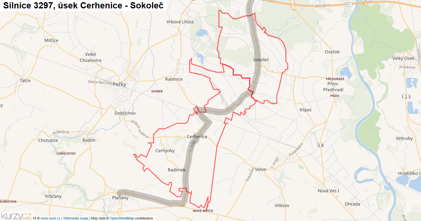 Úsek Cerhenice - Sokoleč, Silnice 3297 - Mapa