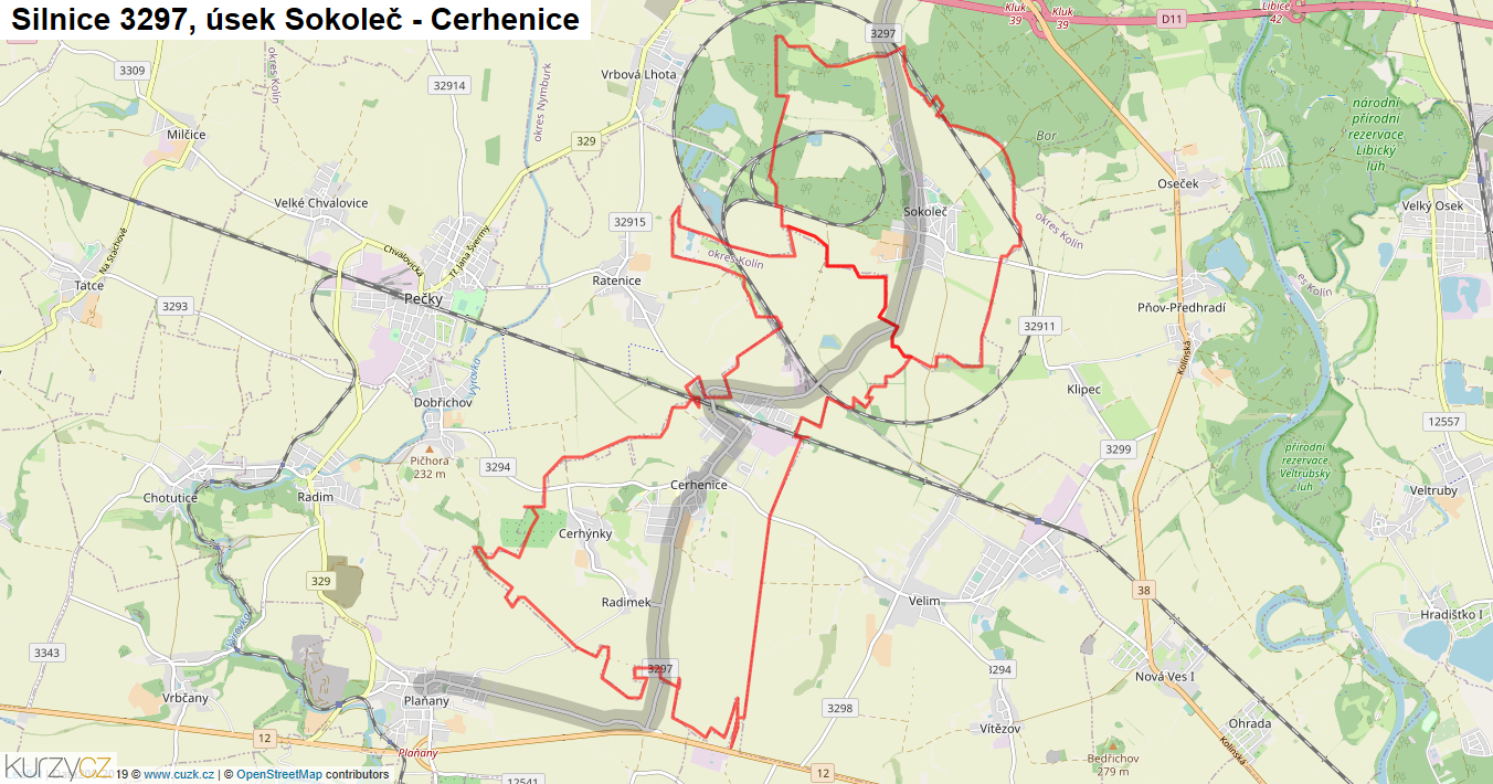 Úsek Sokoleč - Cerhenice, Silnice 3297 - Mapa