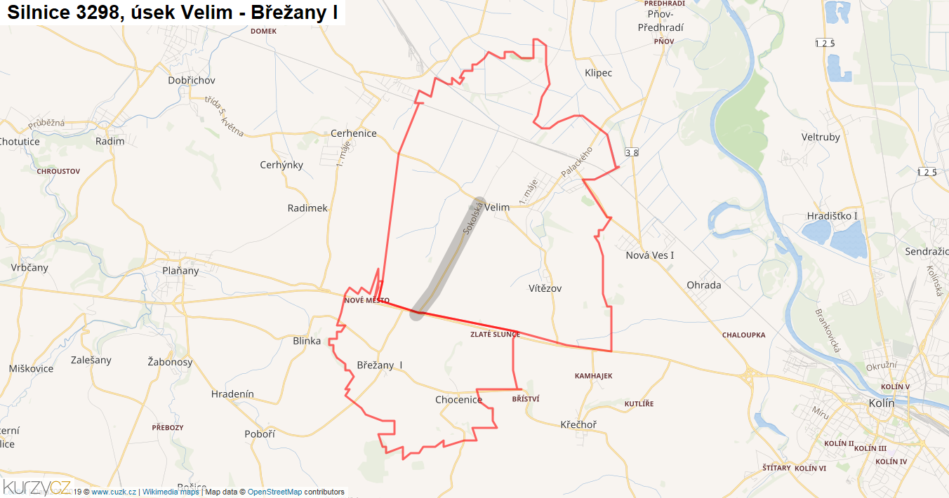 Úsek Velim - Břežany I, Silnice 3298 - Mapa