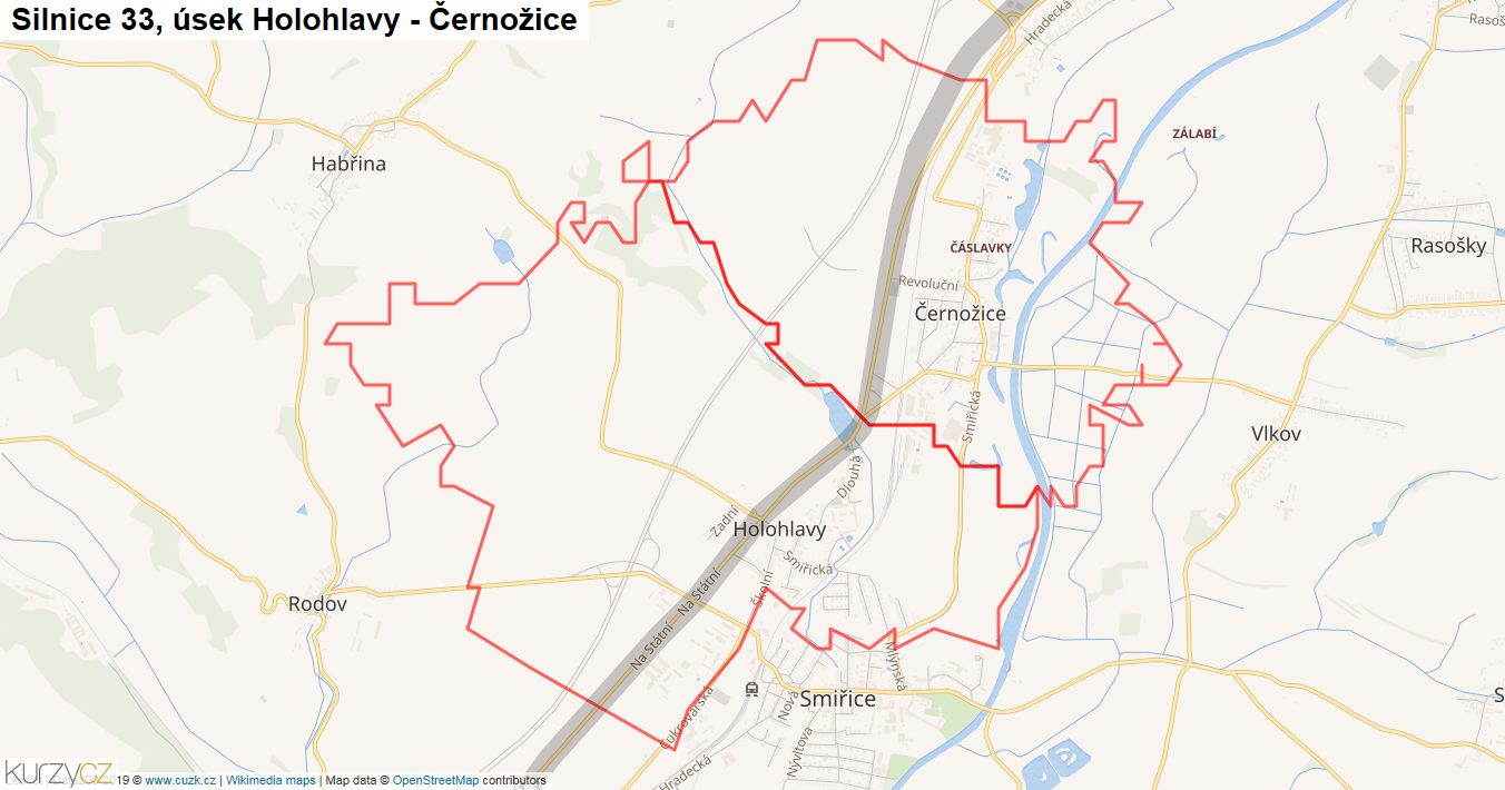 Úsek Holohlavy - Černožice, Silnice 33 - Mapa