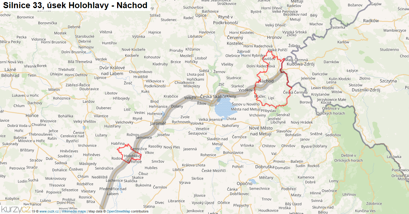 Úsek Holohlavy - Náchod, Silnice 33 - Mapa