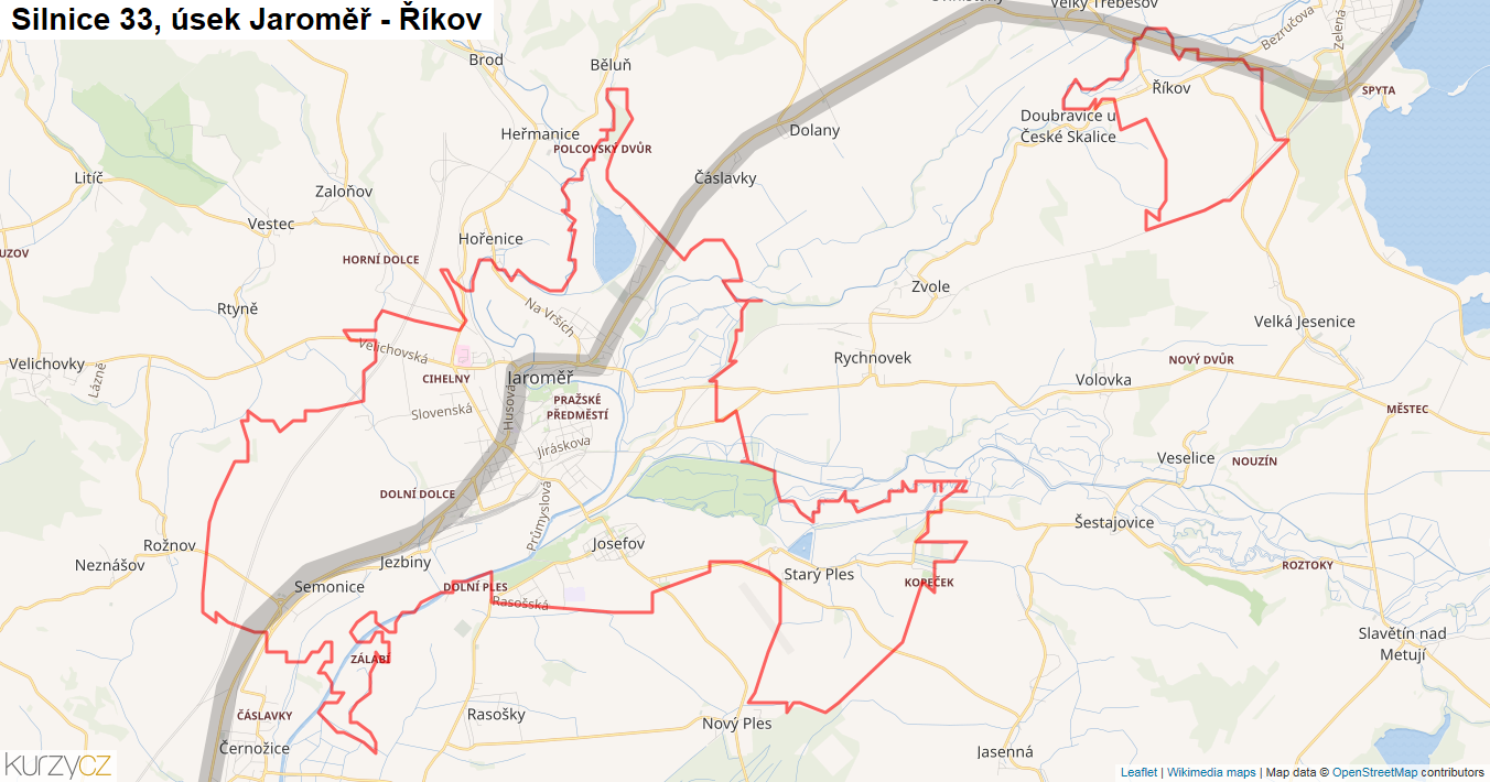 Úsek Jaroměř - Říkov, Silnice 33 - Mapa