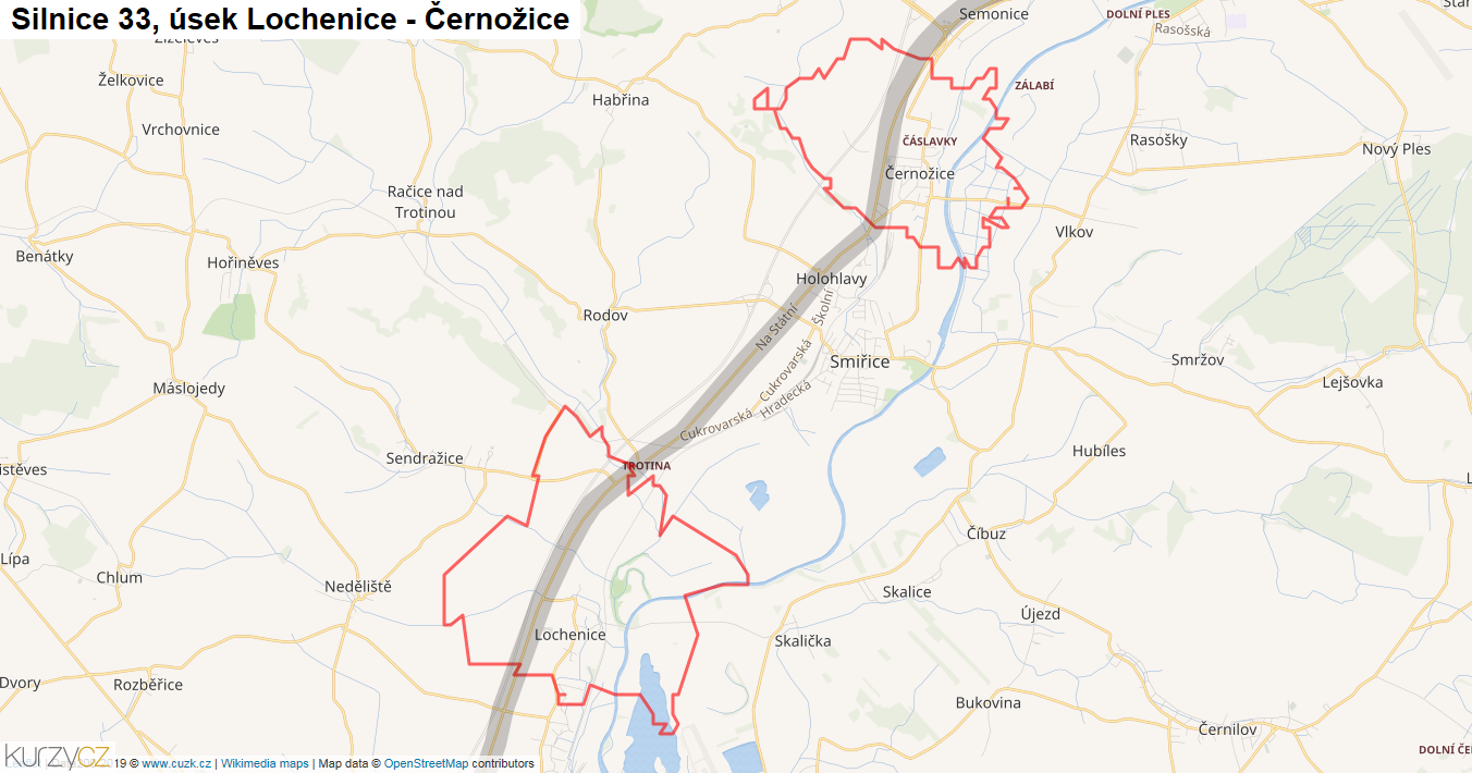 Úsek Lochenice - Černožice, Silnice 33 - Mapa