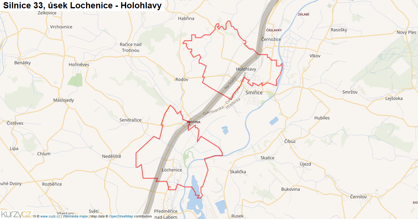 Úsek Lochenice - Holohlavy, Silnice 33 - Mapa