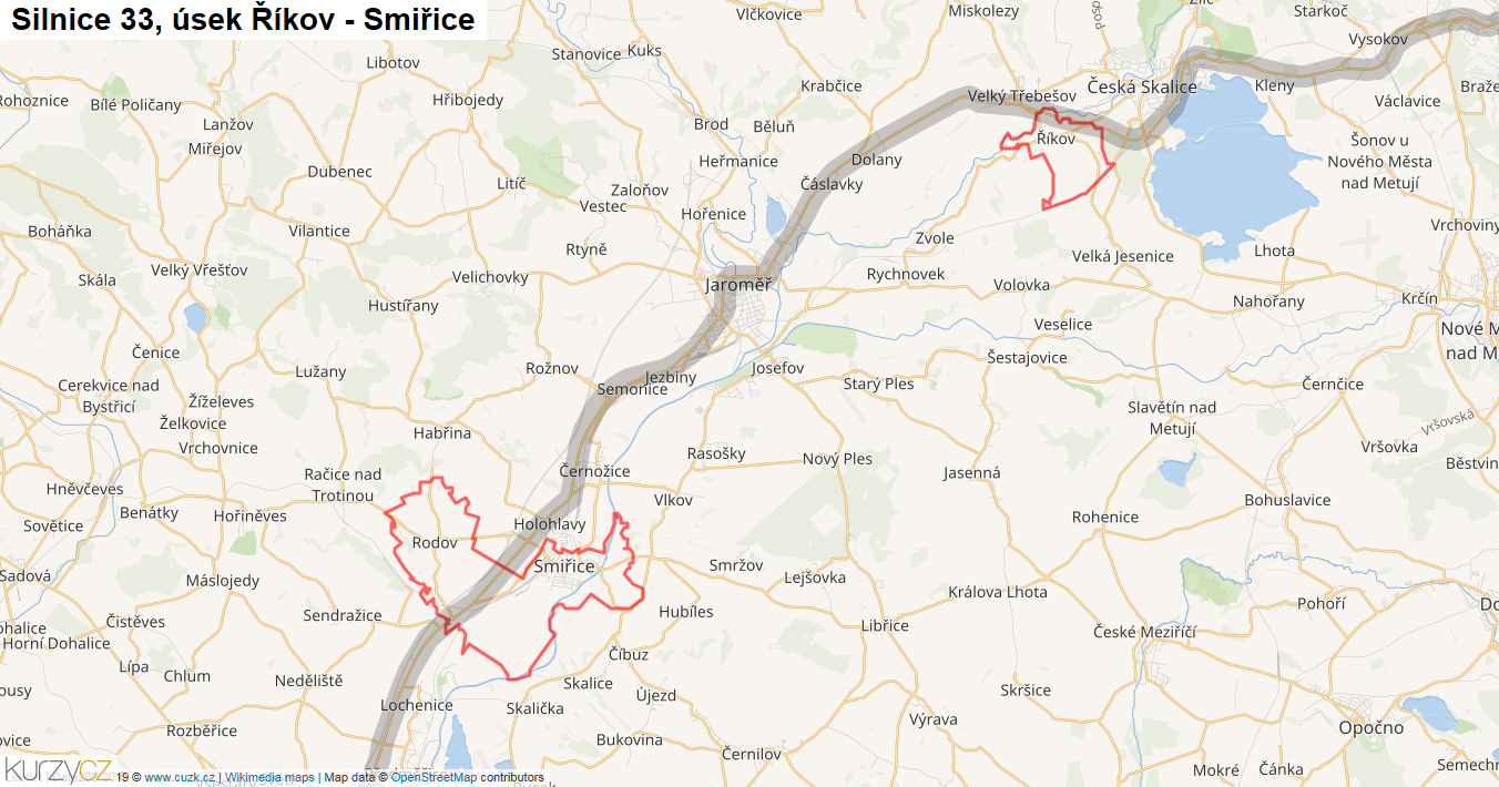 Úsek Říkov - Smiřice, Silnice 33 - Mapa