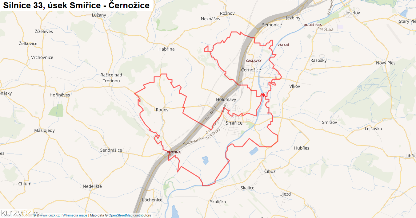 Úsek Smiřice - Černožice, Silnice 33 - Mapa