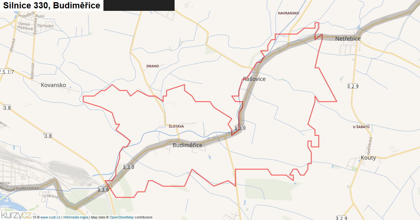 Budiměřice, Silnice 330 - Mapa