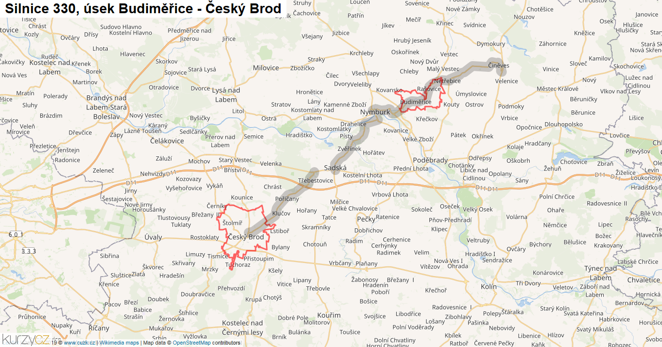 Úsek Budiměřice - Český Brod, Silnice 330 - Mapa