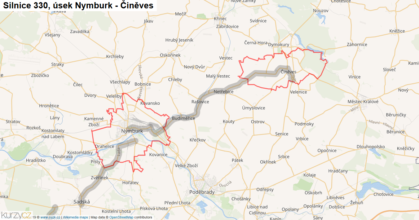 Úsek Nymburk - Činěves, Silnice 330 - Mapa