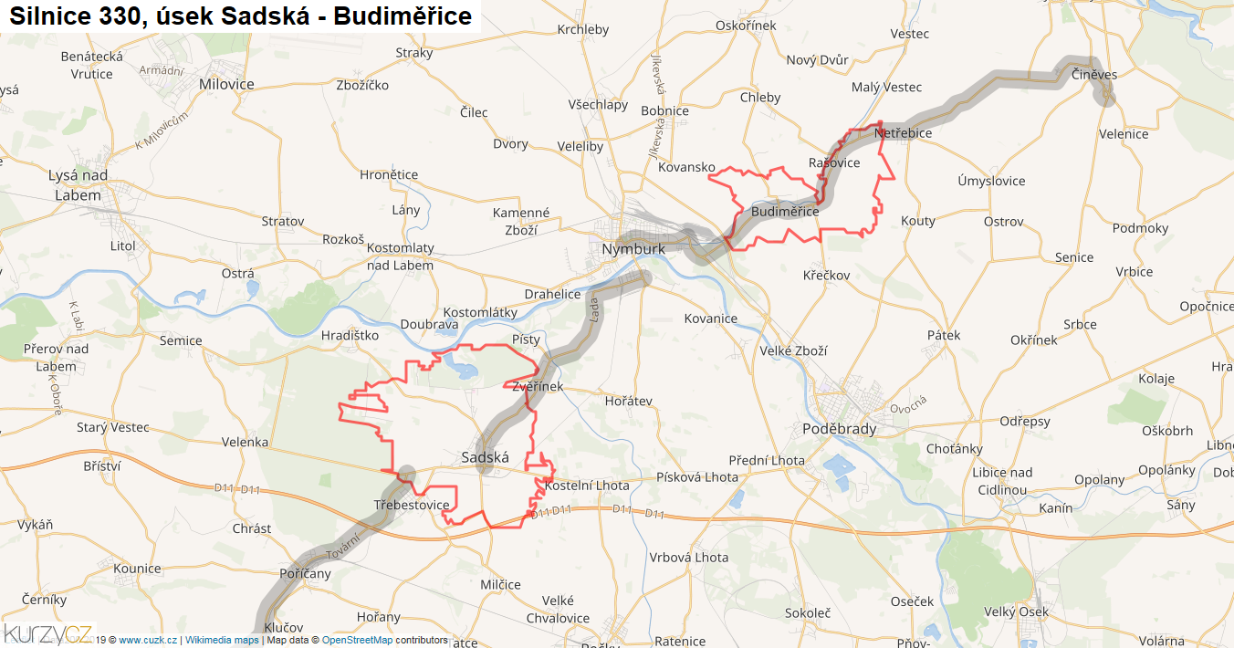 Úsek Sadská - Budiměřice, Silnice 330 - Mapa