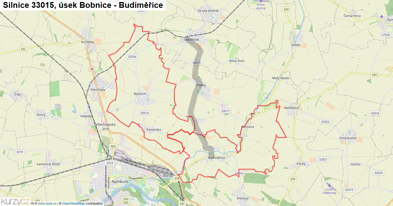 Úsek Bobnice - Budiměřice, Silnice 33015 - Mapa