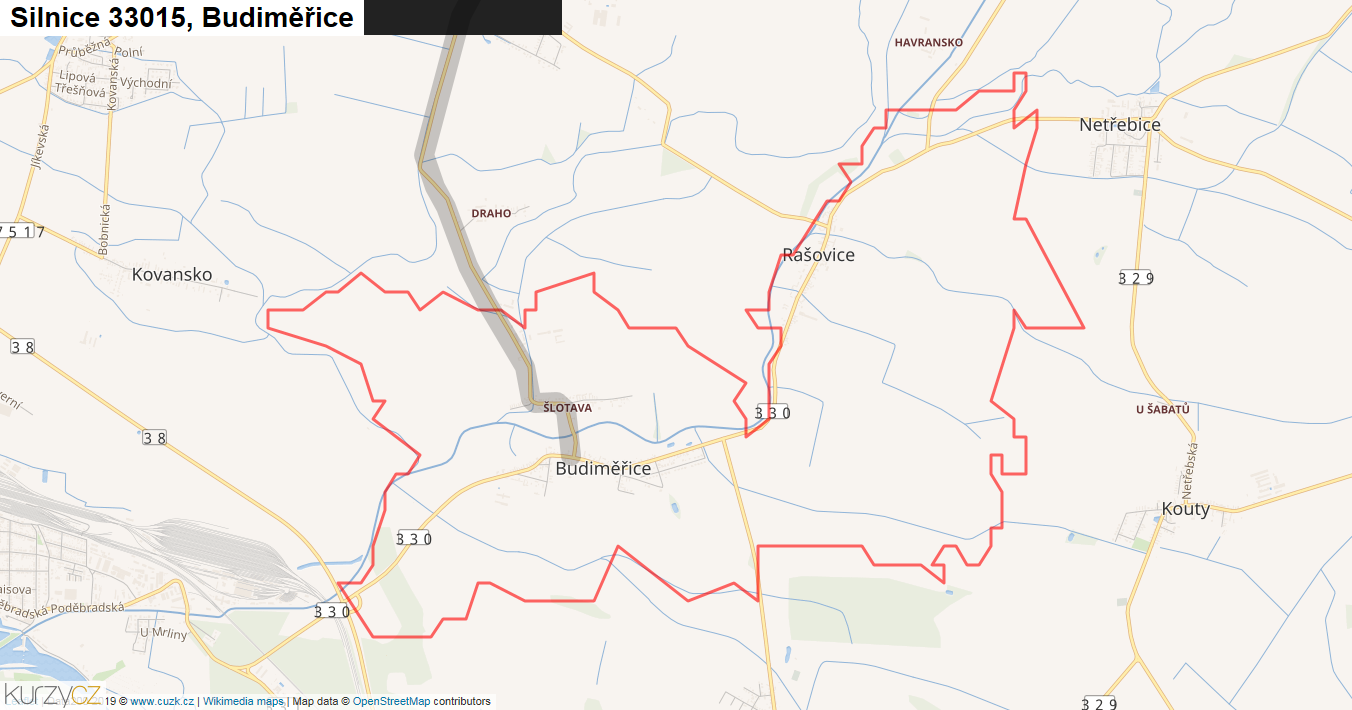 Budiměřice, Silnice 33015 - Mapa