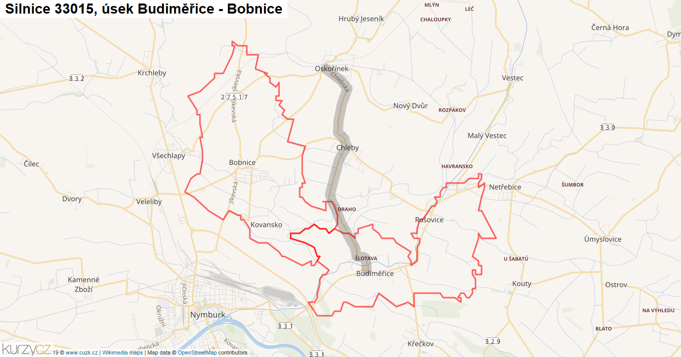 Úsek Budiměřice - Bobnice, Silnice 33015 - Mapa