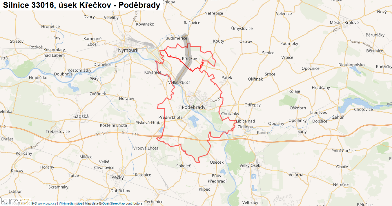 Úsek Křečkov - Poděbrady, Silnice 33016 - Mapa