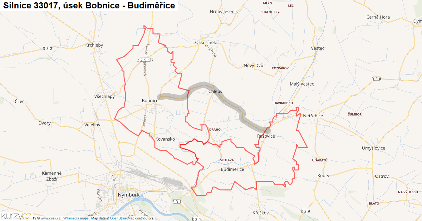 Úsek Bobnice - Budiměřice, Silnice 33017 - Mapa