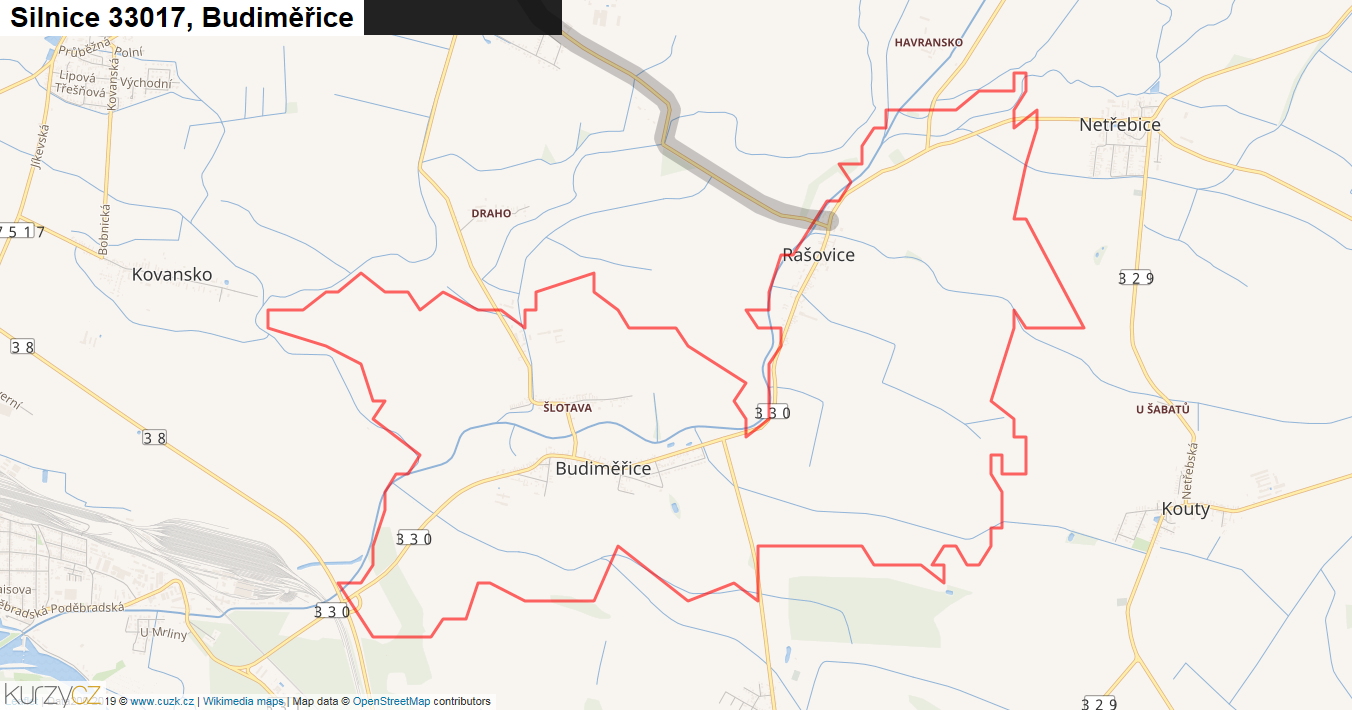 Budiměřice, Silnice 33017 - Mapa