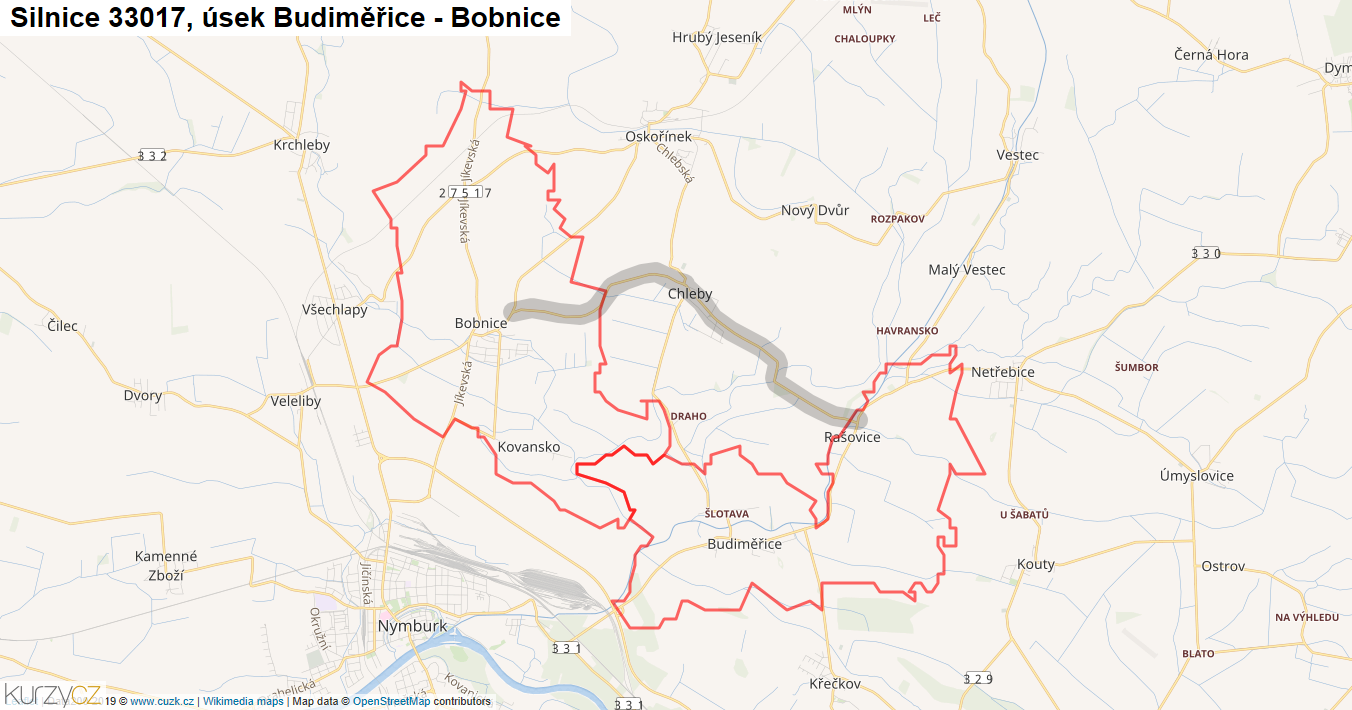 Úsek Budiměřice - Bobnice, Silnice 33017 - Mapa