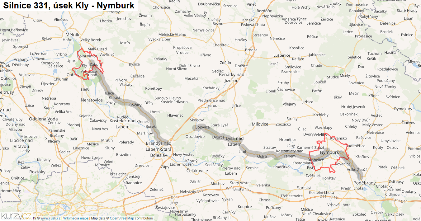 Úsek Kly - Nymburk, Silnice 331 - Mapa