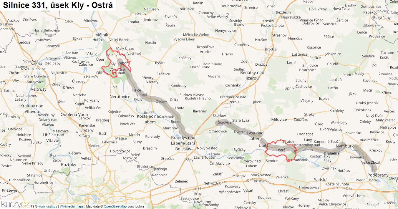 Úsek Kly - Ostrá, Silnice 331 - Mapa