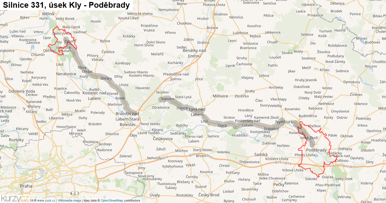 Úsek Kly - Poděbrady, Silnice 331 - Mapa