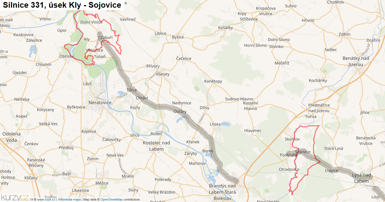 Úsek Kly - Sojovice, Silnice 331 - Mapa