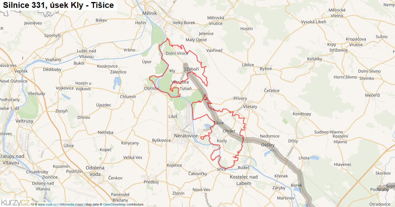 Úsek Kly - Tišice, Silnice 331 - Mapa