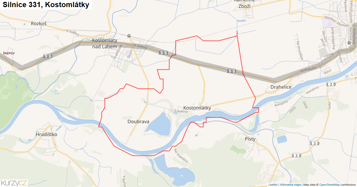 Kostomlátky, Silnice 331 - Mapa