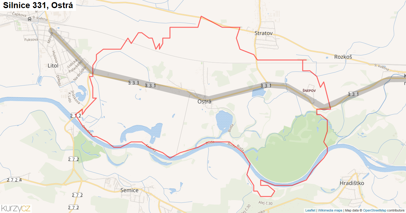 Ostrá, Silnice 331 - Mapa