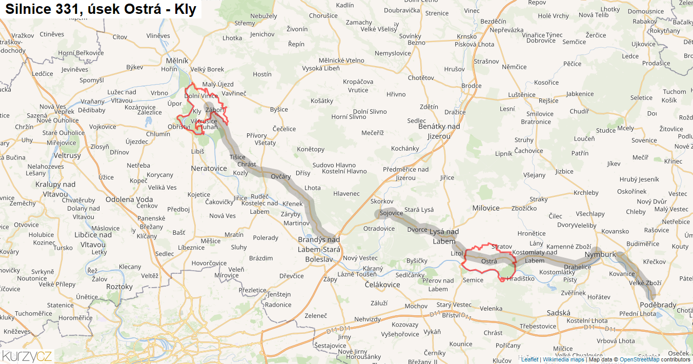 Úsek Ostrá - Kly, Silnice 331 - Mapa