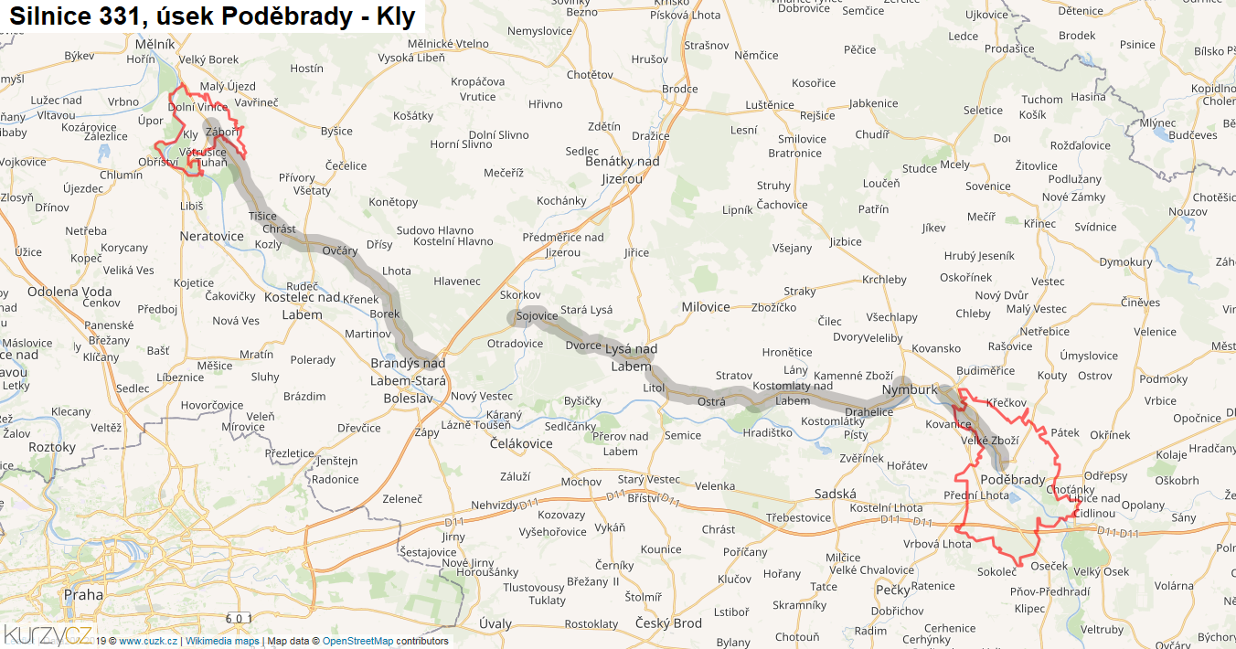 Úsek Poděbrady - Kly, Silnice 331 - Mapa