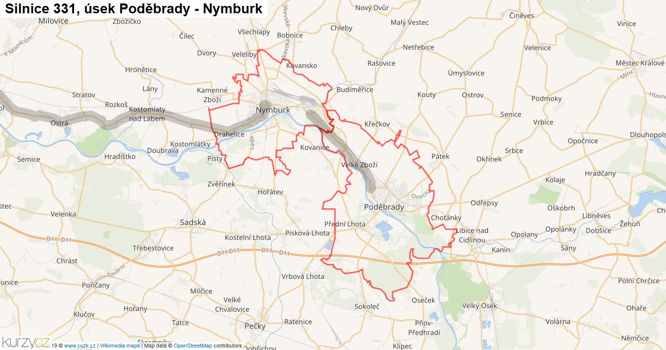Úsek Poděbrady - Nymburk, Silnice 331 - Mapa