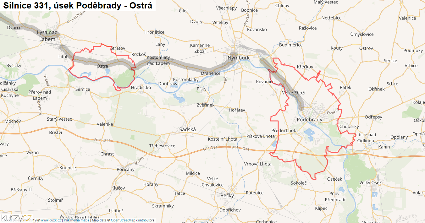 Úsek Poděbrady - Ostrá, Silnice 331 - Mapa
