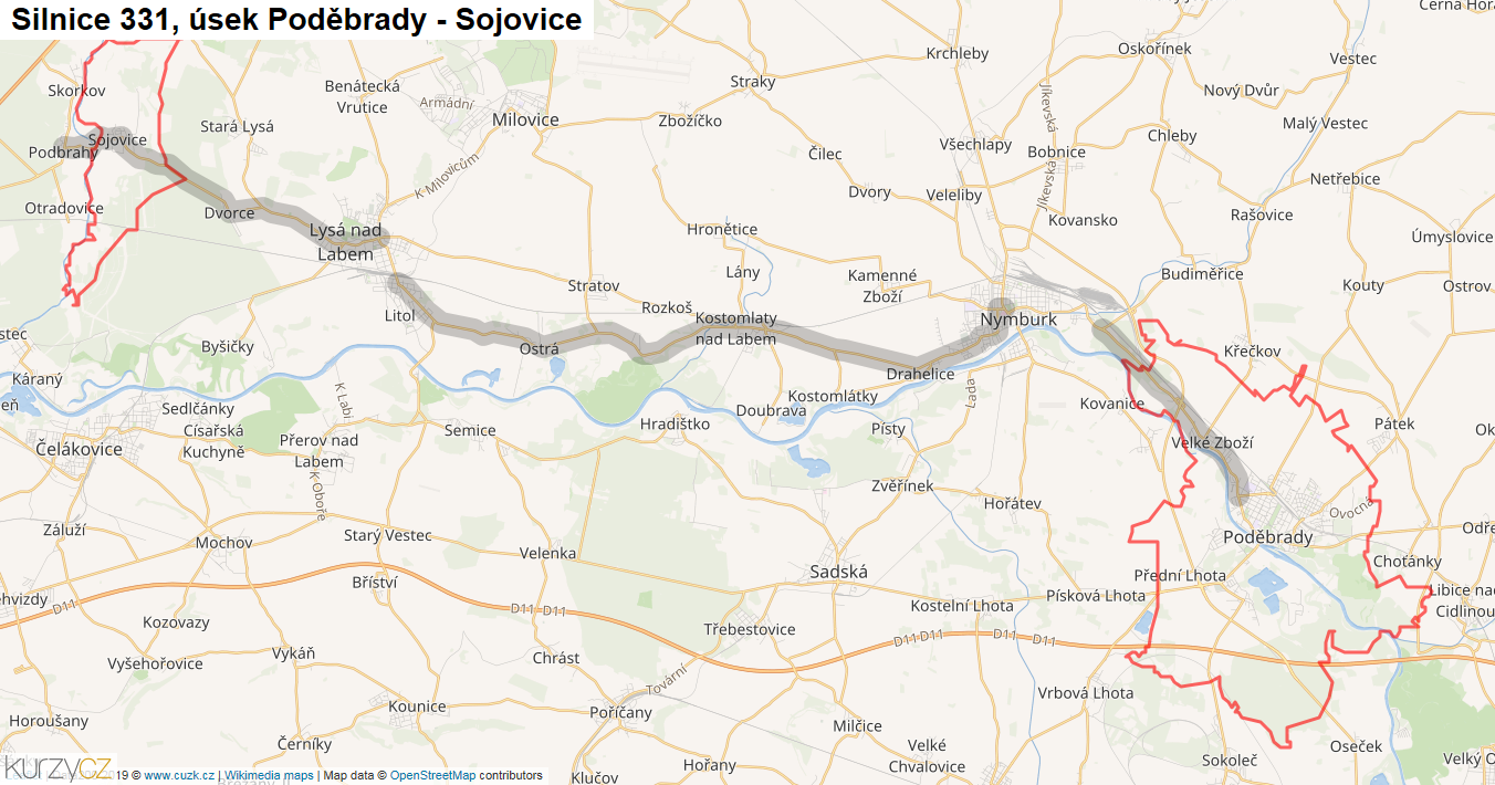 Úsek Poděbrady - Sojovice, Silnice 331 - Mapa
