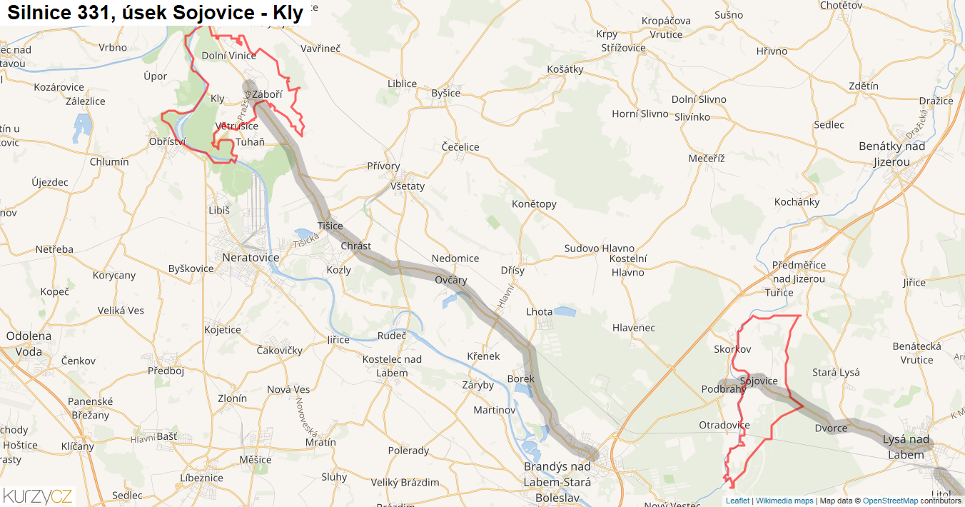 Úsek Sojovice - Kly, Silnice 331 - Mapa