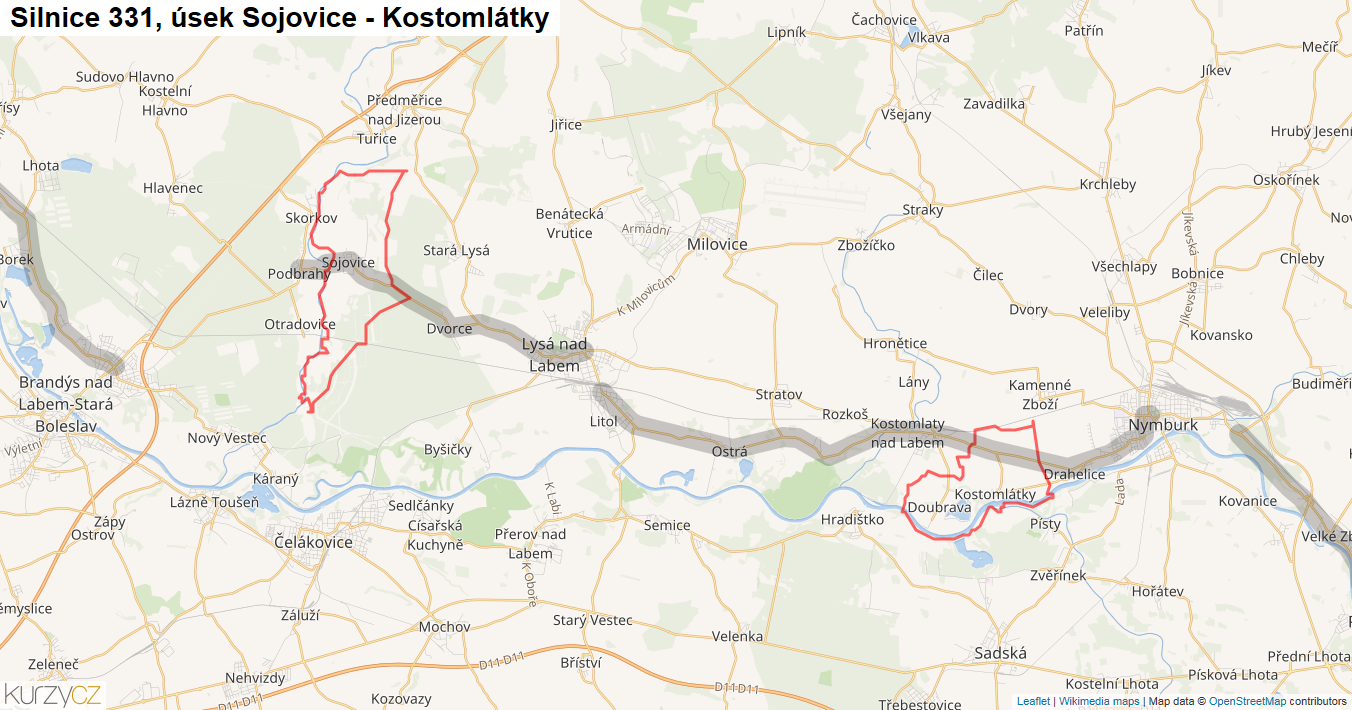 Úsek Sojovice - Kostomlátky, Silnice 331 - Mapa