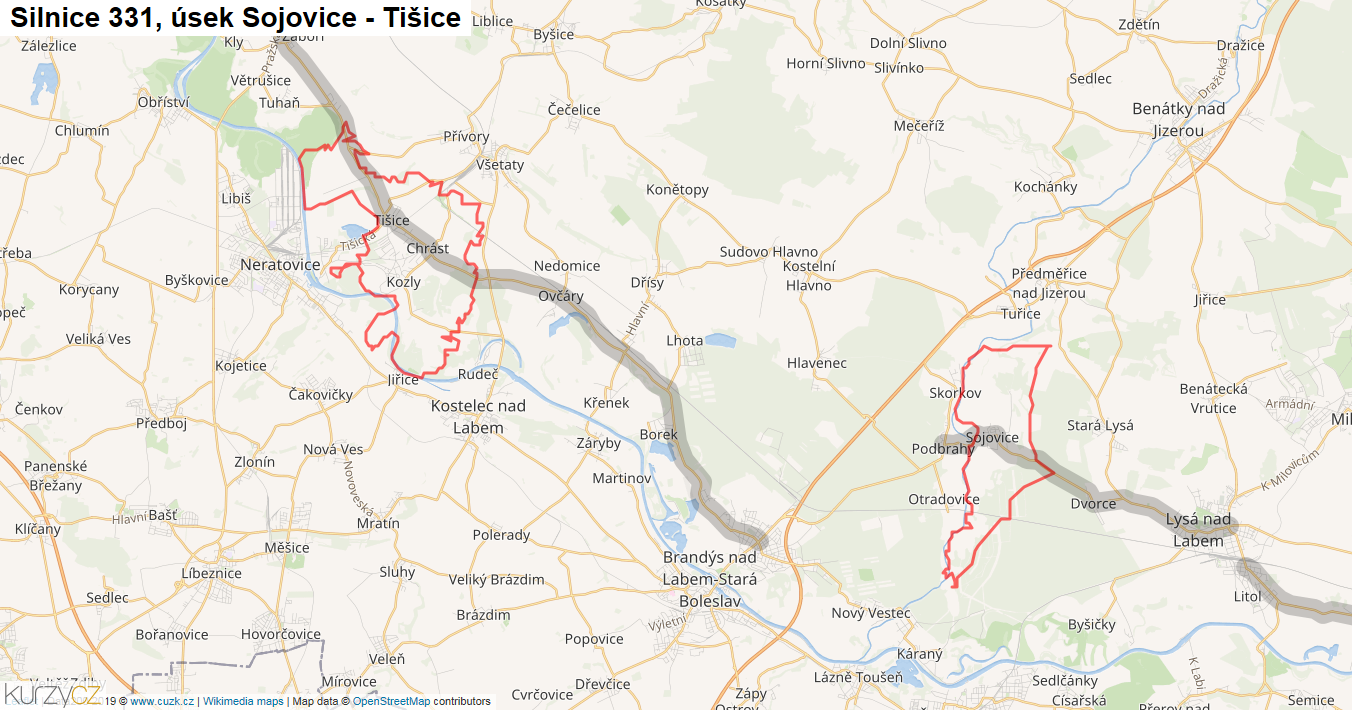 Úsek Sojovice - Tišice, Silnice 331 - Mapa