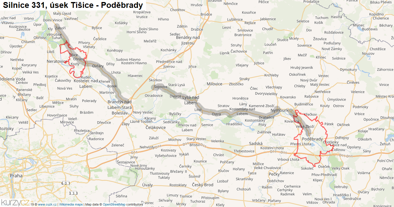 Úsek Tišice - Poděbrady, Silnice 331 - Mapa