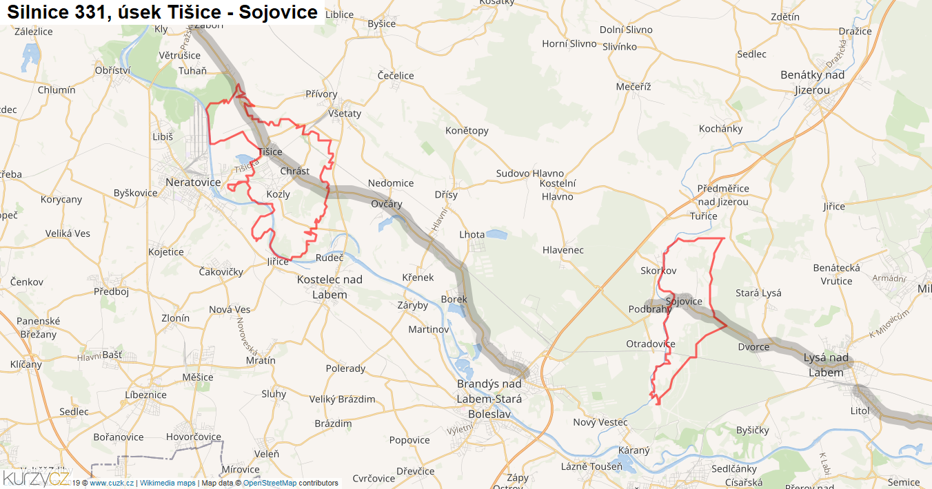 Úsek Tišice - Sojovice, Silnice 331 - Mapa