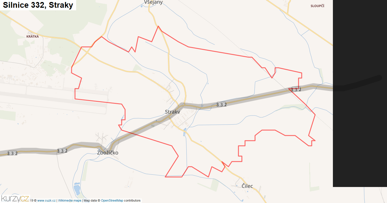 Straky, Silnice 332 - Mapa