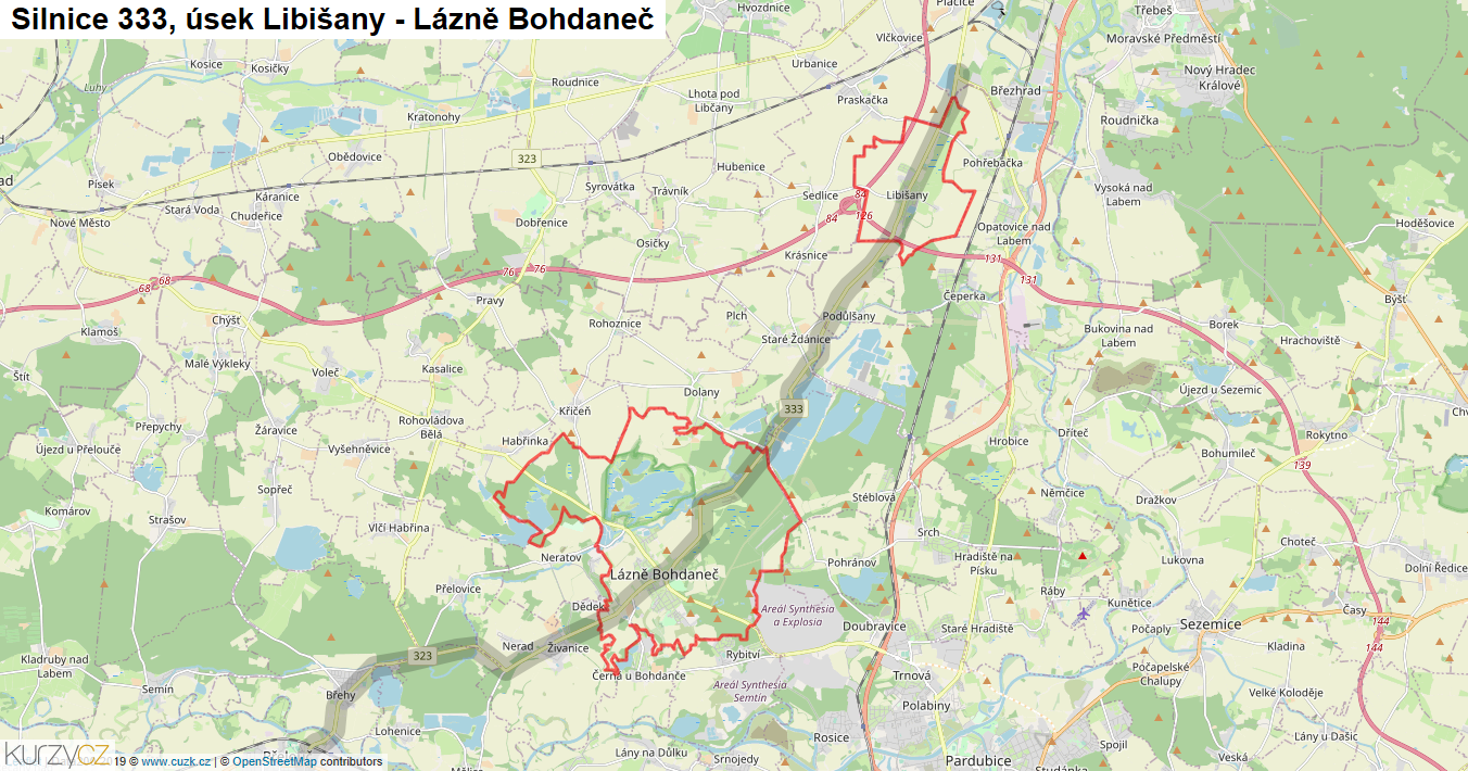 Úsek Libišany - Lázně Bohdaneč, Silnice 333 - Mapa