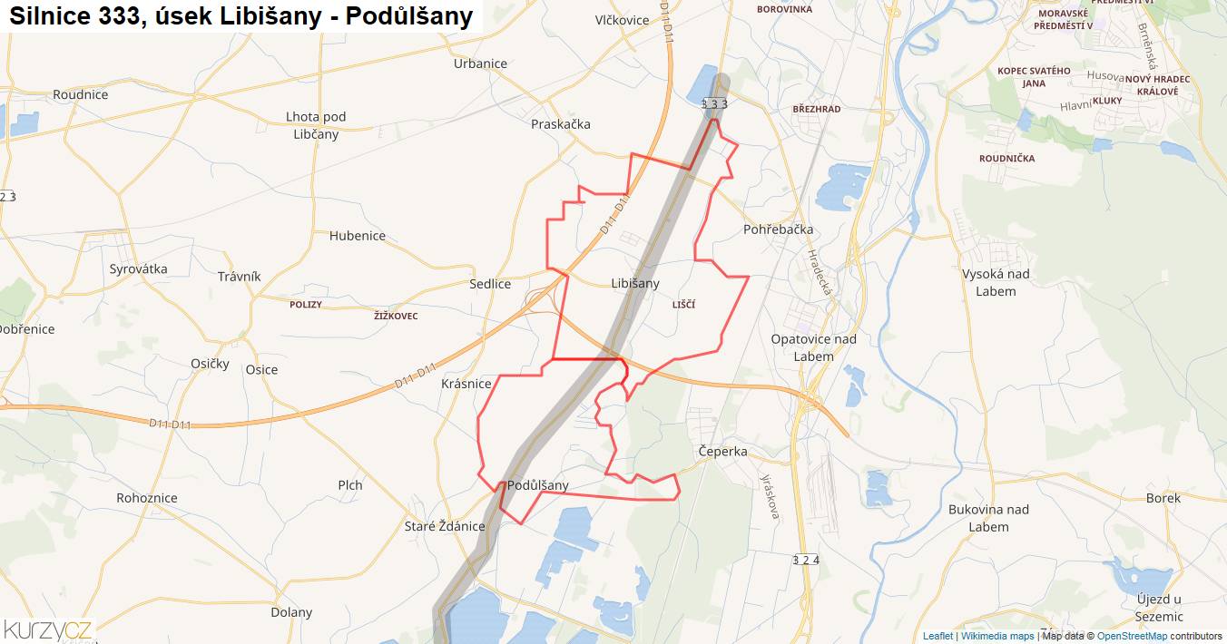Úsek Libišany - Podůlšany, Silnice 333 - Mapa