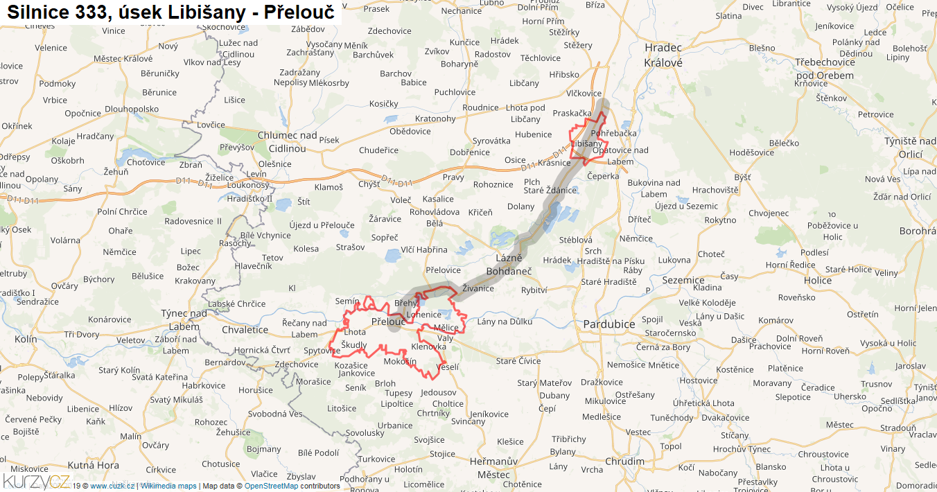 Úsek Libišany - Přelouč, Silnice 333 - Mapa