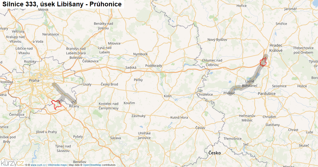 Úsek Libišany - Průhonice, Silnice 333 - Mapa