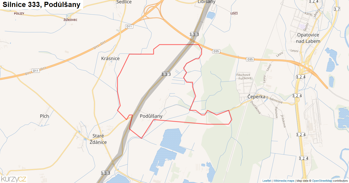 Podůlšany, Silnice 333 - Mapa