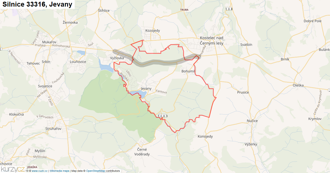 Jevany, Silnice 33316 - Mapa