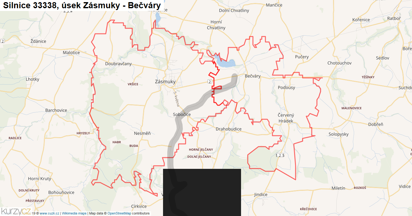 Úsek Zásmuky - Bečváry, Silnice 33338 - Mapa